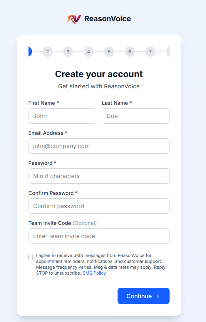 SMS opt-in checkbox shown during ReasonVoice account registration